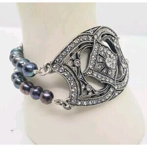 Haley Hill Bracelet Purple Gray Freshwater Pearl & Rhinestones Art Deco Signed
